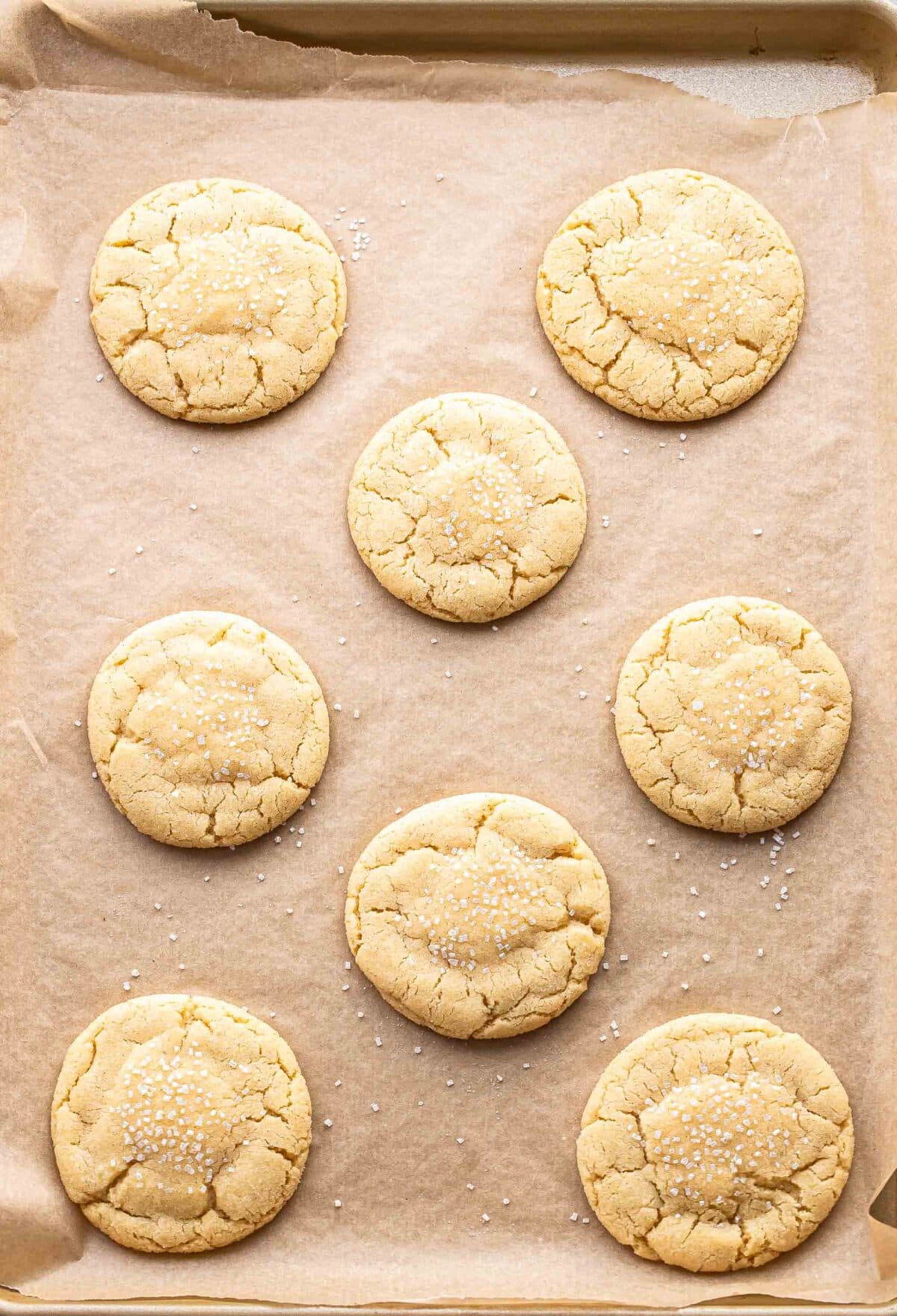 Baked sugar cookies on a parchment paper lined baking sheet.