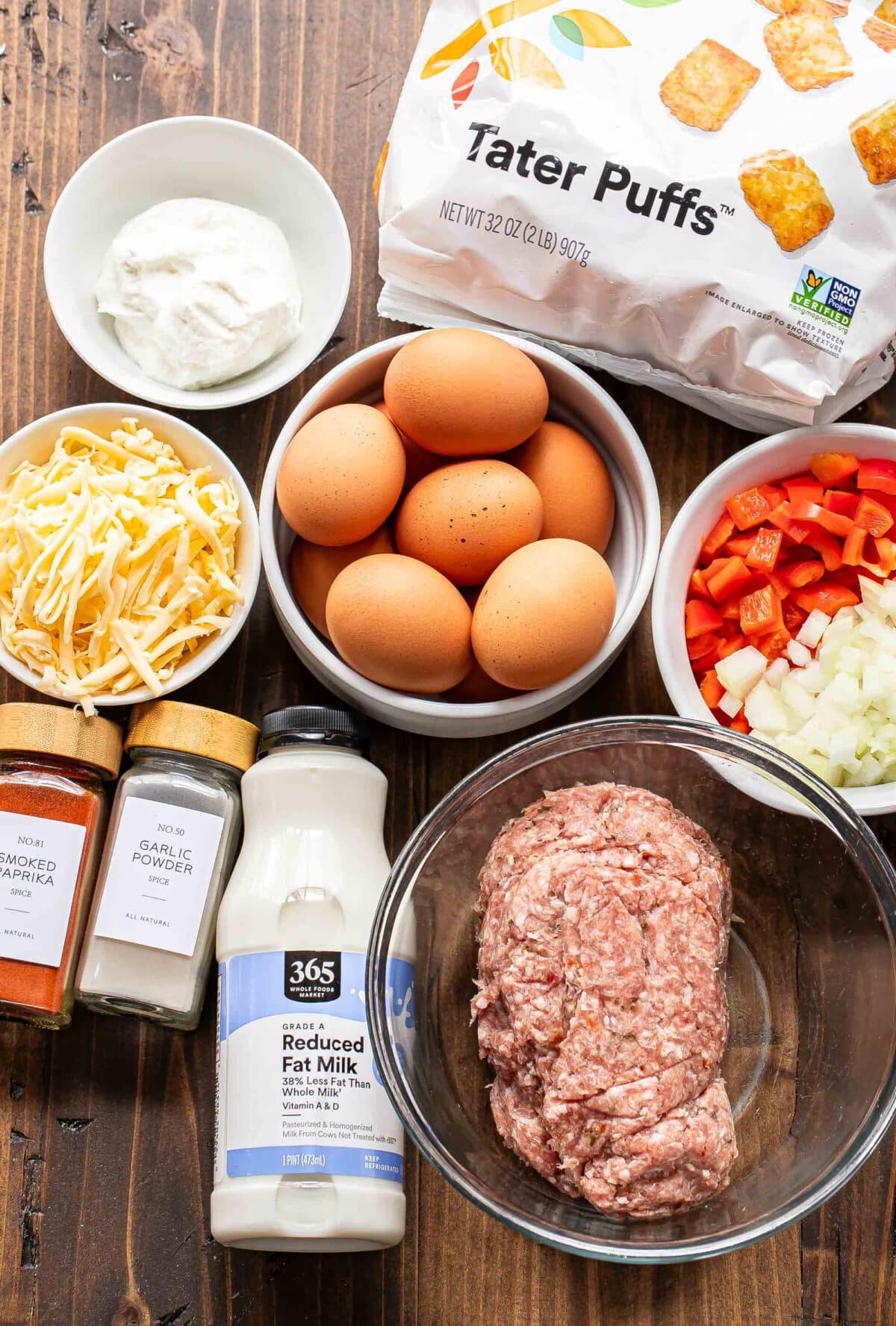 Ingredients used to make the tater tot egg breakfast casserole.