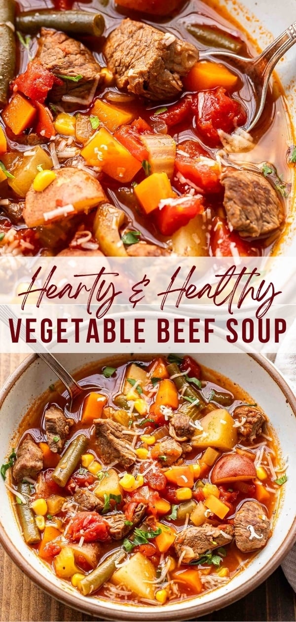 Vegetable beef soup Pinterest collage.