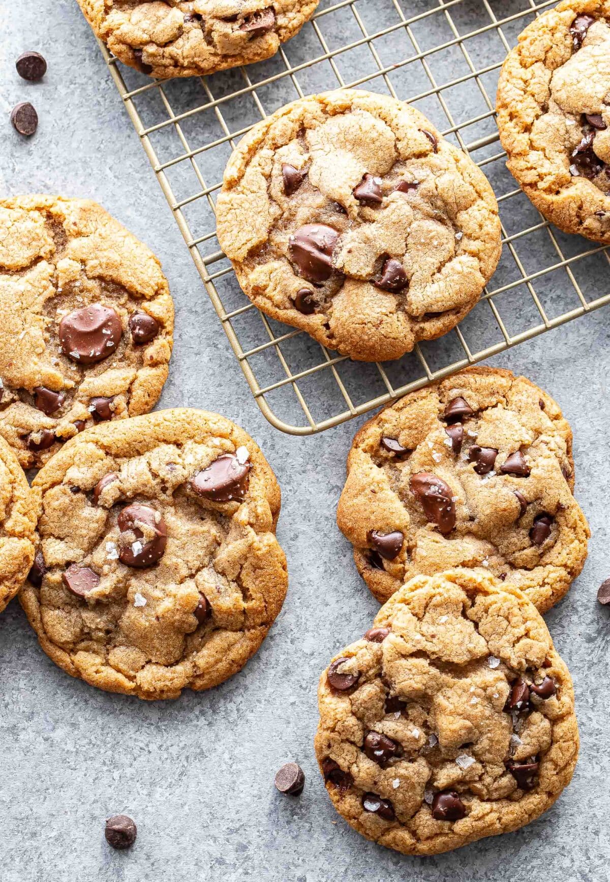 Thick and chewy chocolate chip cookies on a cooling rack and on a gray surface.