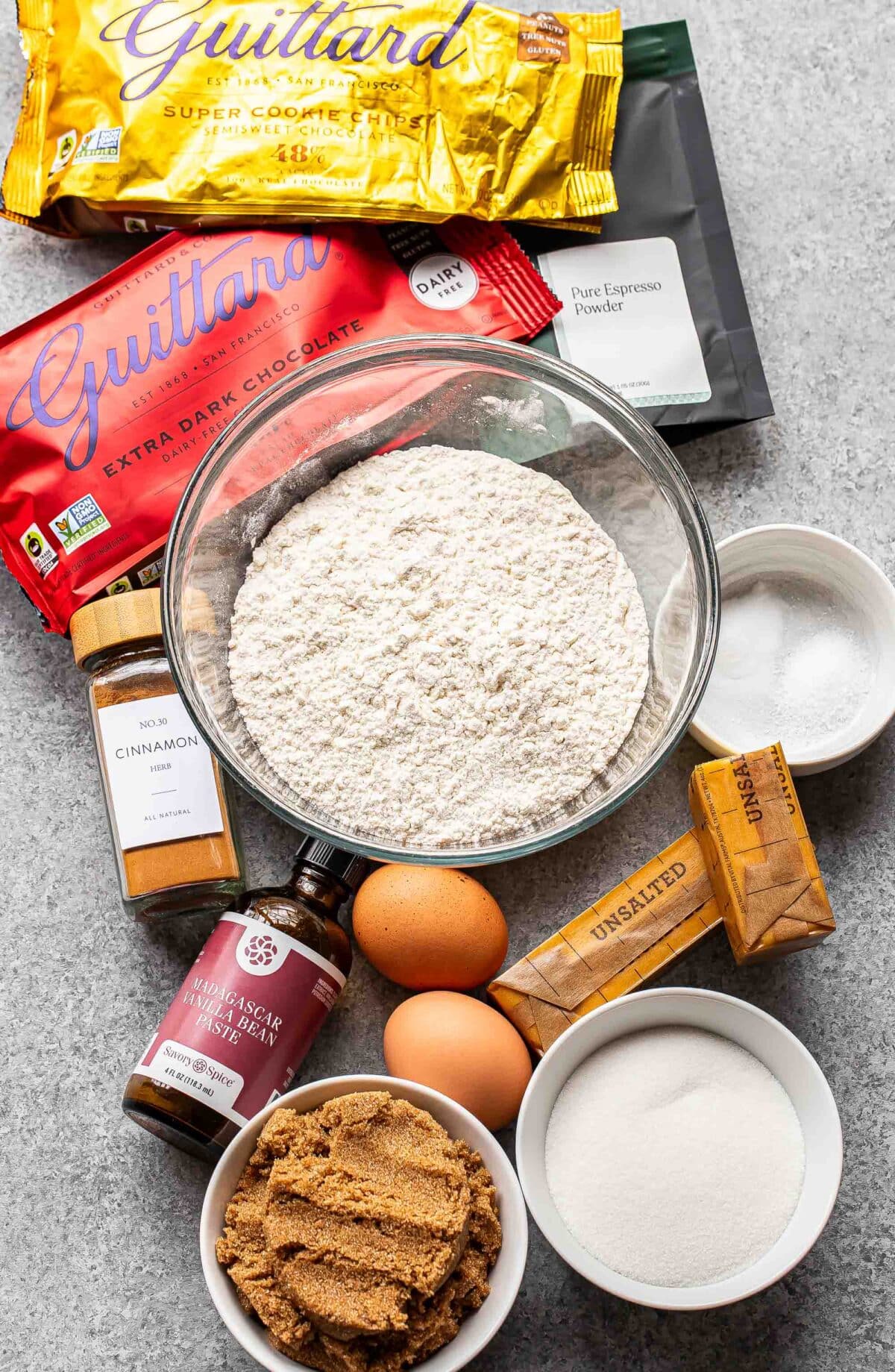 Ingredients used to make chocolate chip cookies.