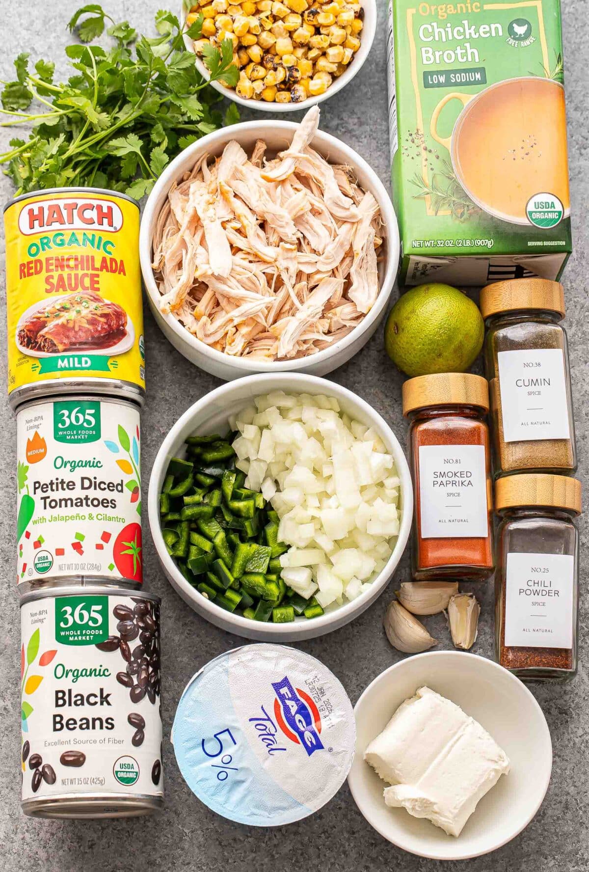 Ingredients used to make creamy chicken tortilla soup.