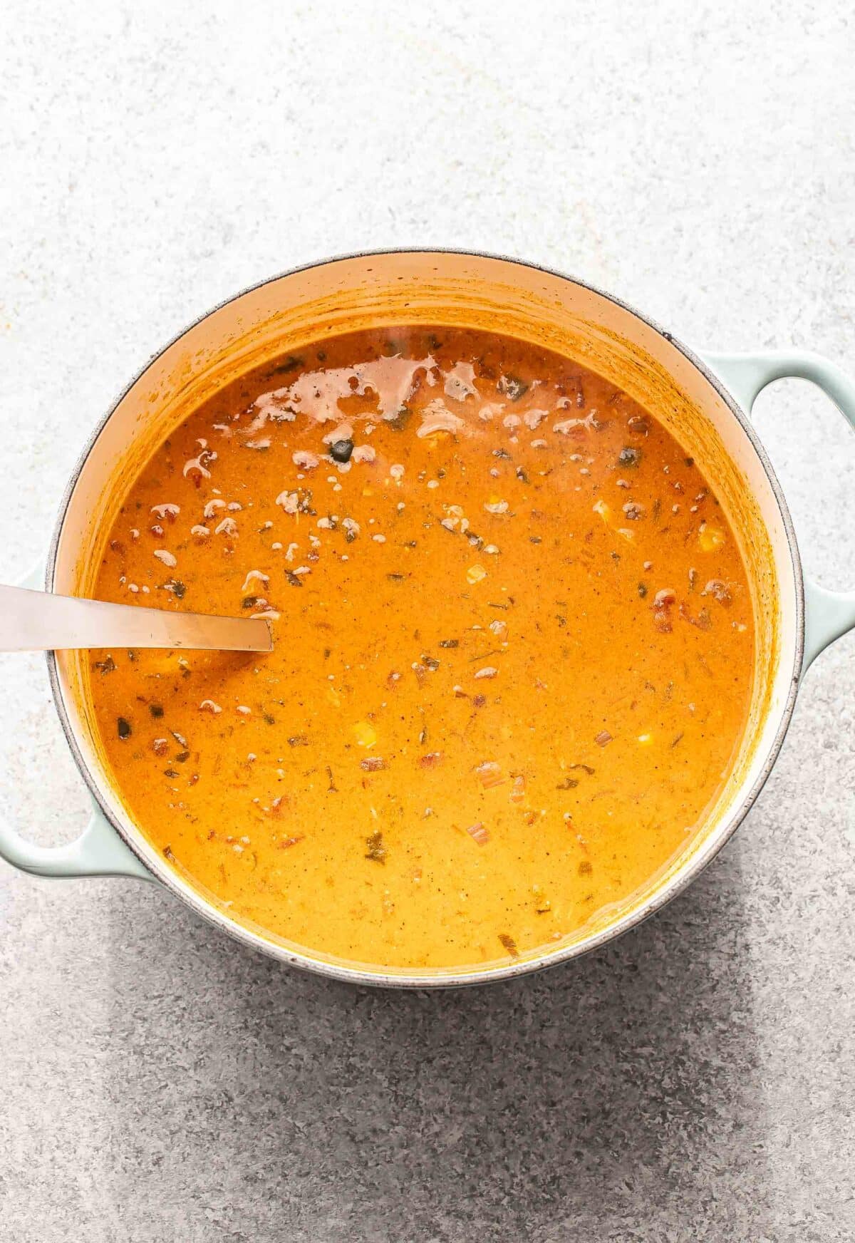 Creamy chicken tortilla soup in a pot with a ladle.