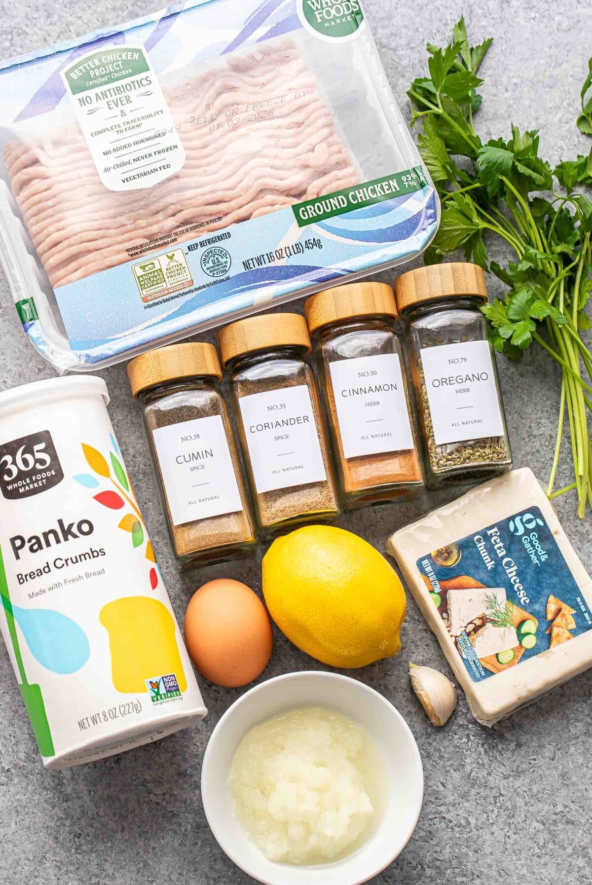 Ingredients used to make Greek chicken meatballs.