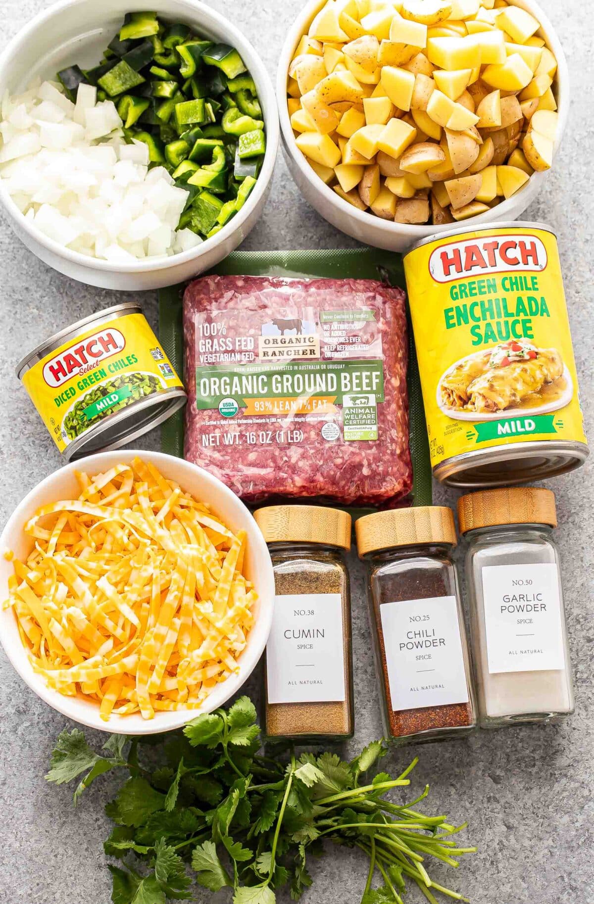 Ingredients used to make ground beef potato casserole.