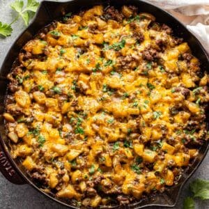 Southwest ground beef potato casserole in a skillet.