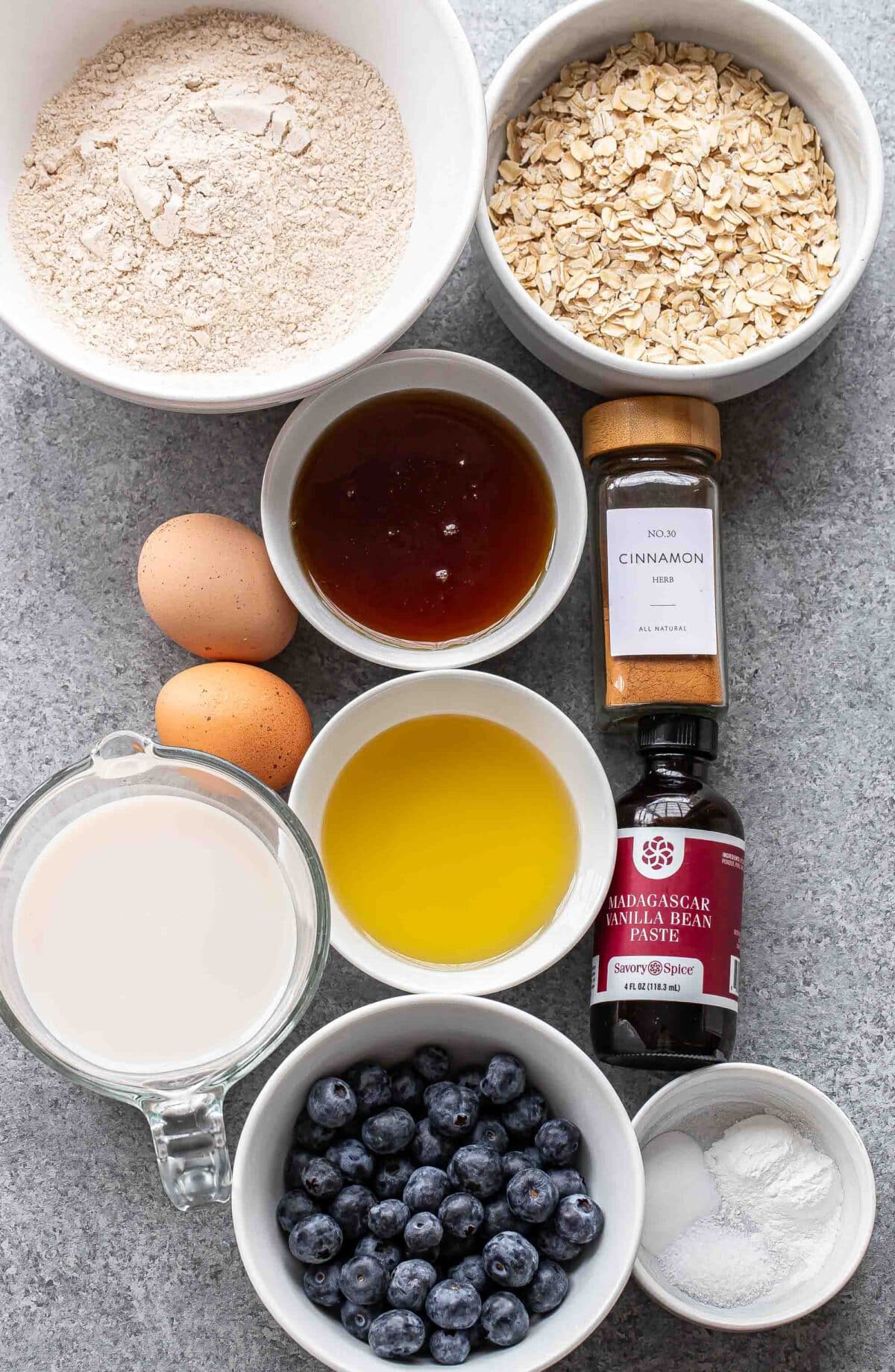 Ingredients used to make blueberry oatmeal muffins.