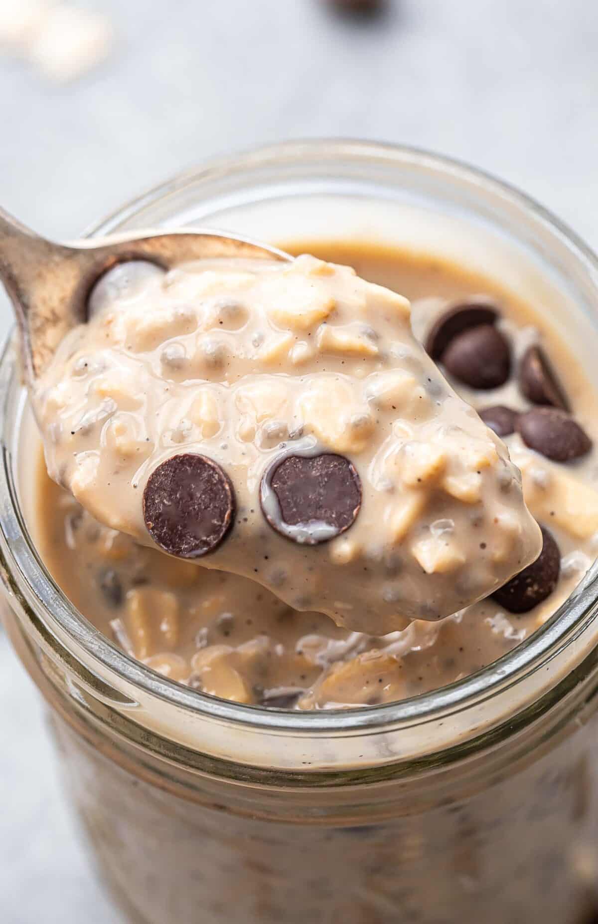 Spoon scooping up coffee overnight oats with chocolate chips on top.