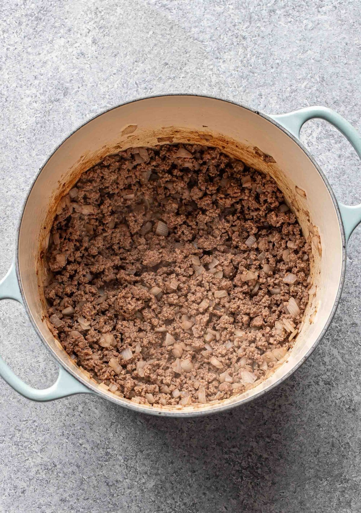 Ground beef in a pot.