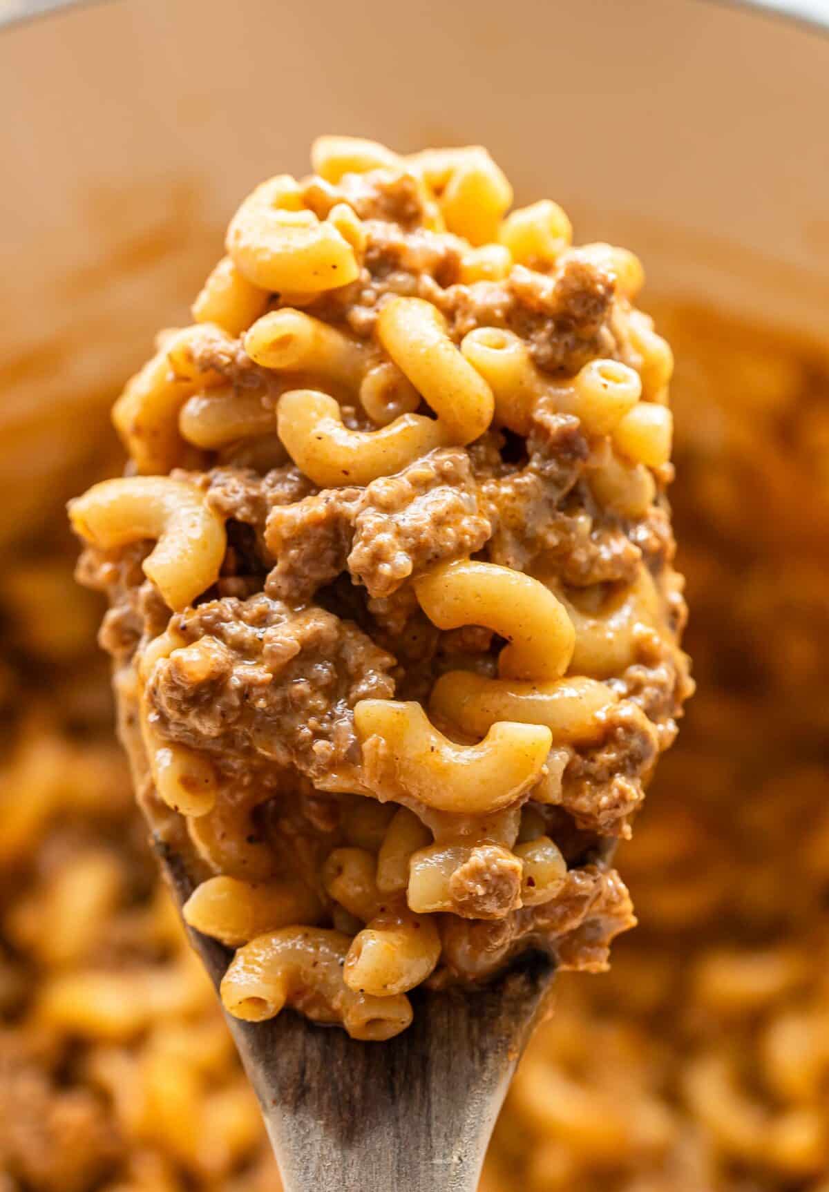 Hamburger helper on a wooden serving spoon.