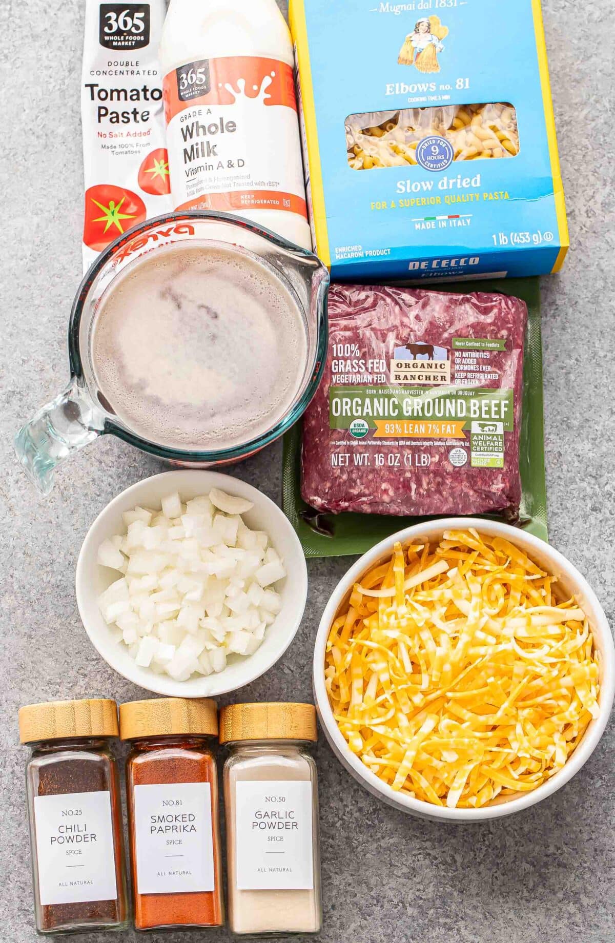 Ingredients used to make hamburger helper.