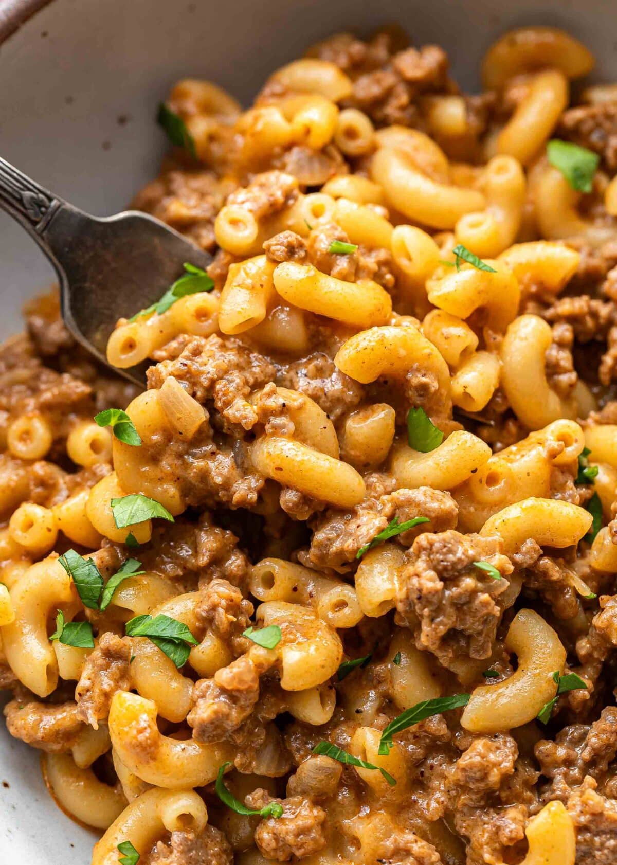 Hamburger helper in a white bowl with a fork.