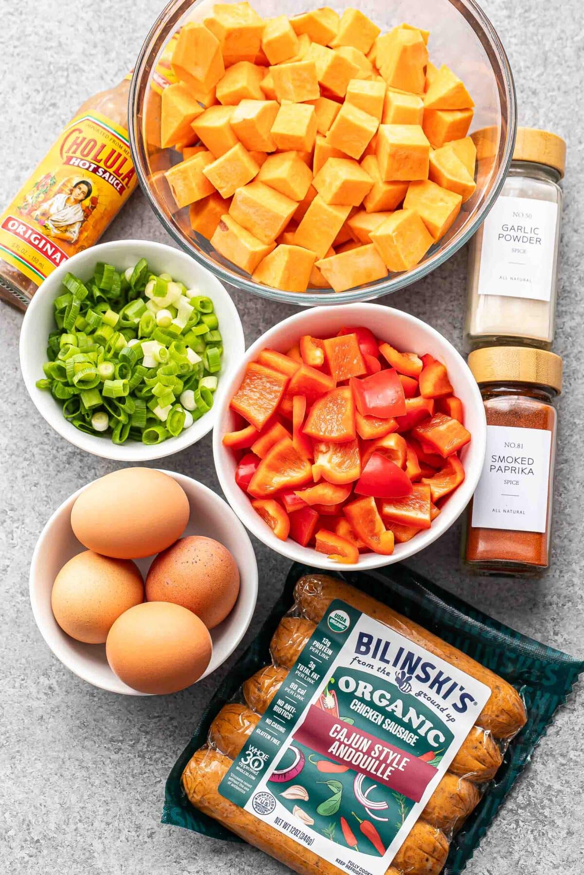 Ingredients used to make sweet potato hash.