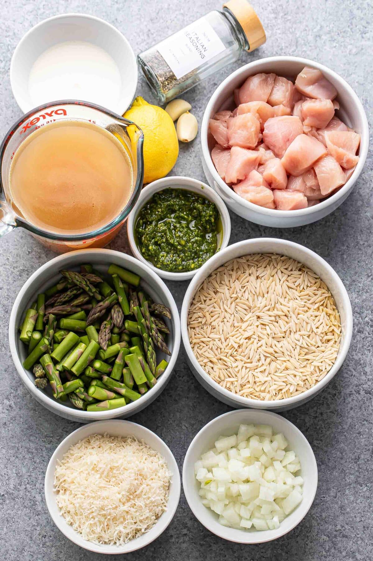 Ingredients used to make asparagus orzo.