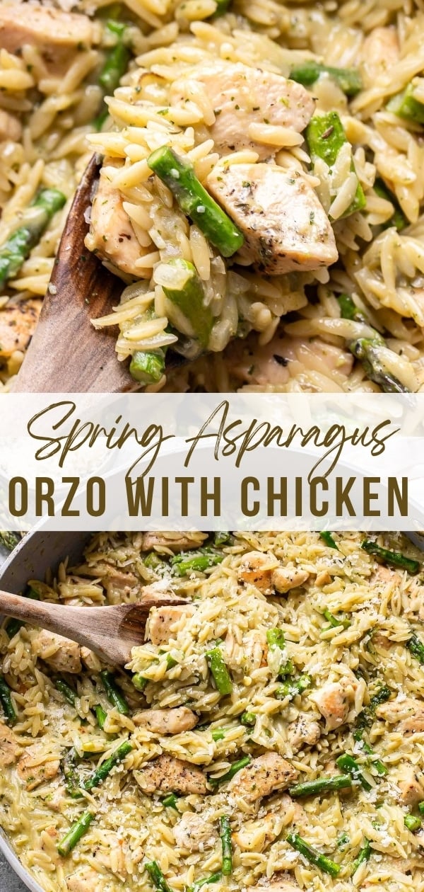 Asparagus orzo with chicken pinterest collage.