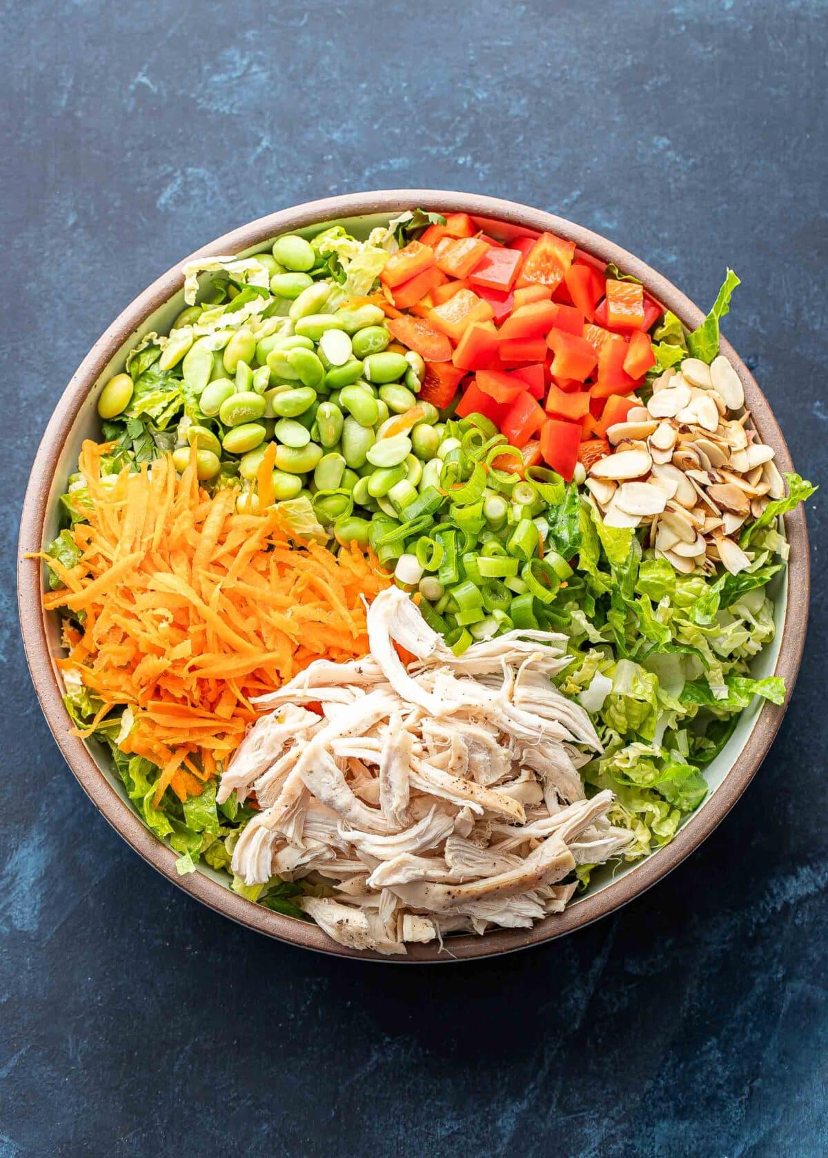 Asian chicken salad in a salad bowl before it's been tossed together.