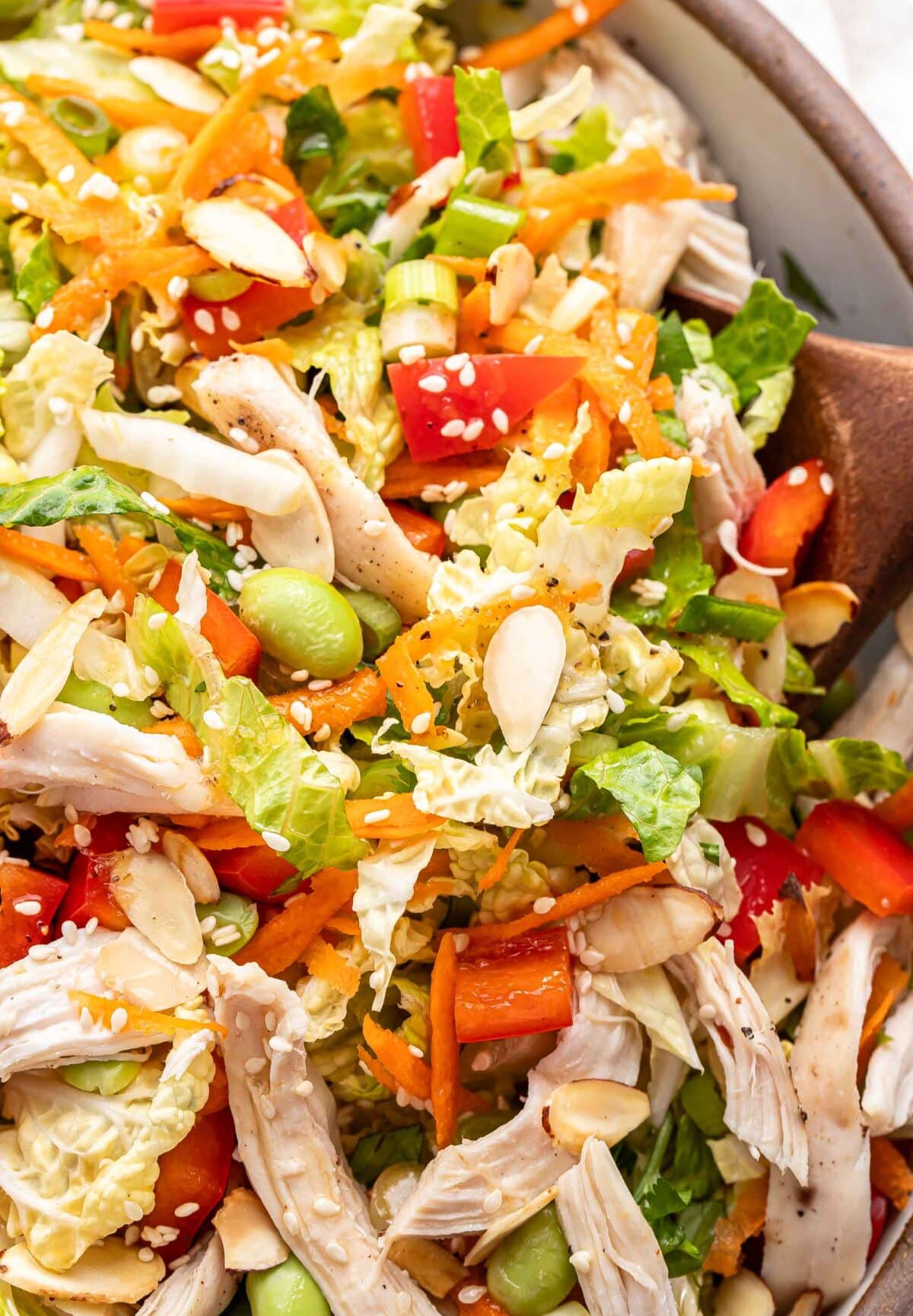 Chinese chicken salad with shredded chicken, red bell peppers, green onions, cabbage, edamame, and sesame seeds in a white salad bowl.