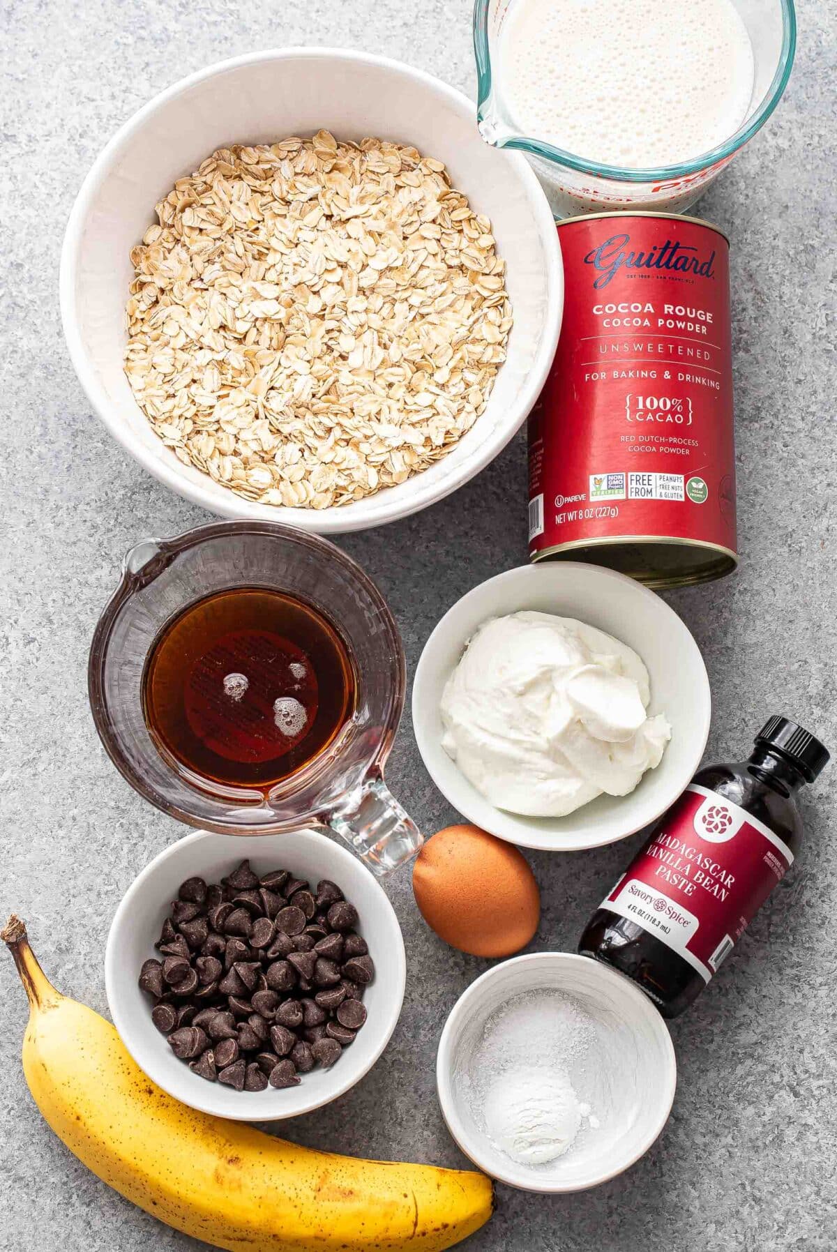 Ingredients used to make chocolate baked oatmeal.