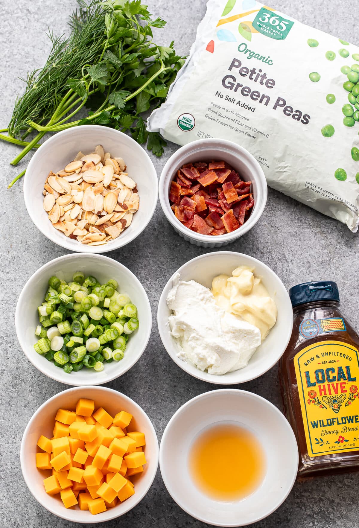 Ingredients used to make pea salad.