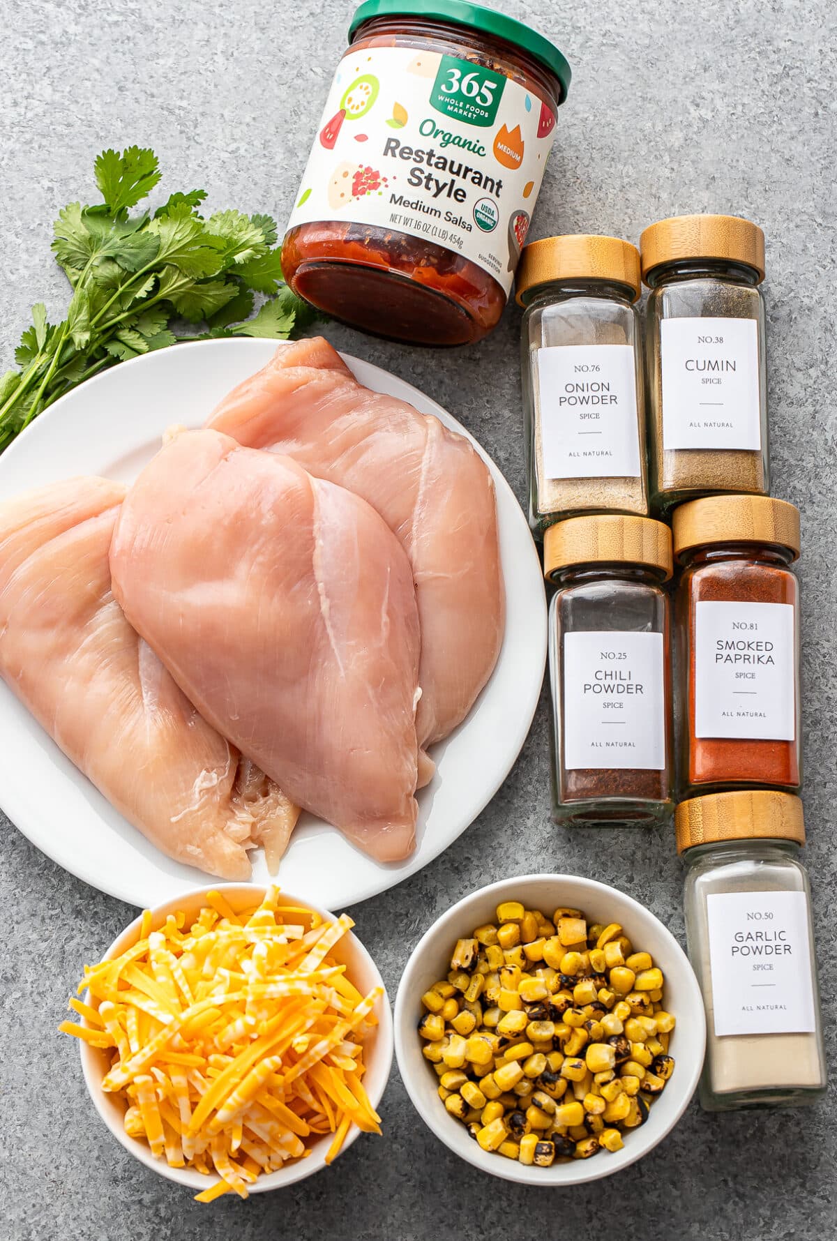 Ingredients used to make salsa chicken.
