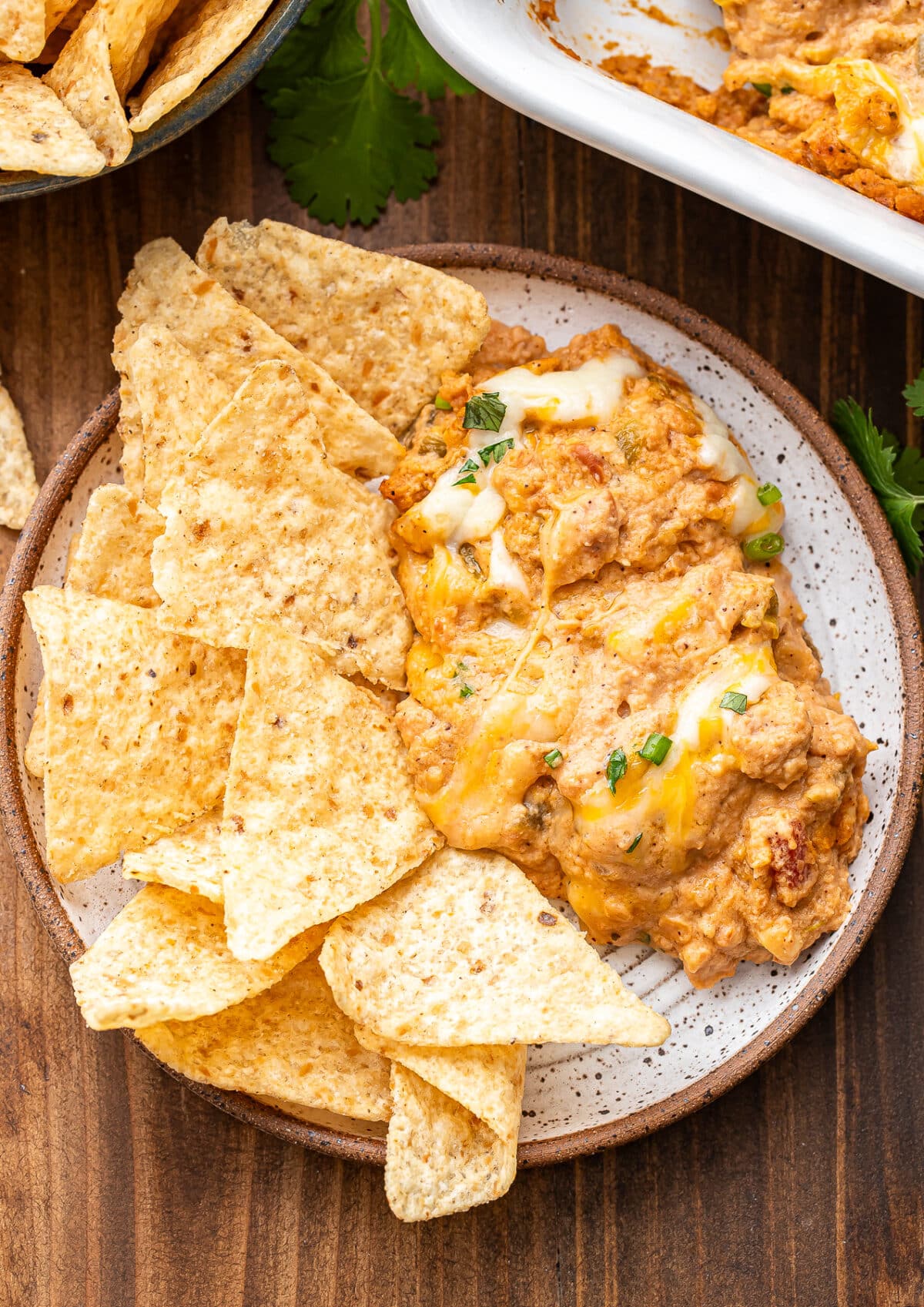 Cheesy bean dip on a white plate with tortilla chips.