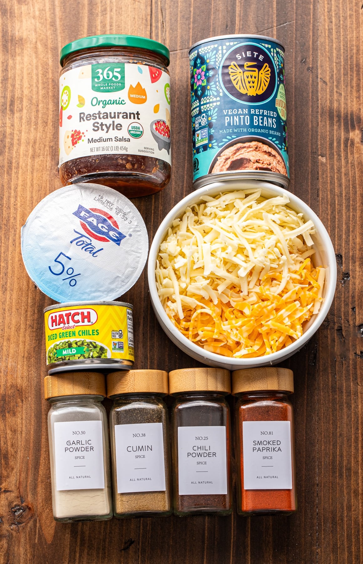 Ingredients used to make refried bean dip.