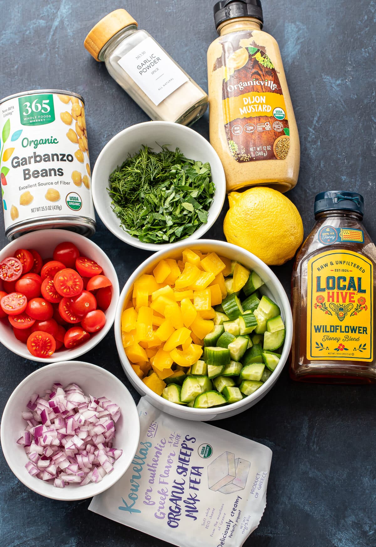 Ingredients used to make chickpea salad.