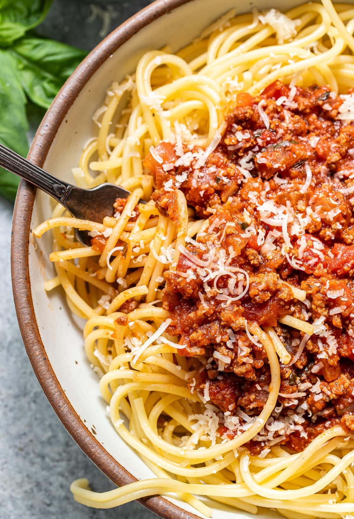 Spaghetti meats sauce on top of spaghetti noodles in a white bowl with a fork.