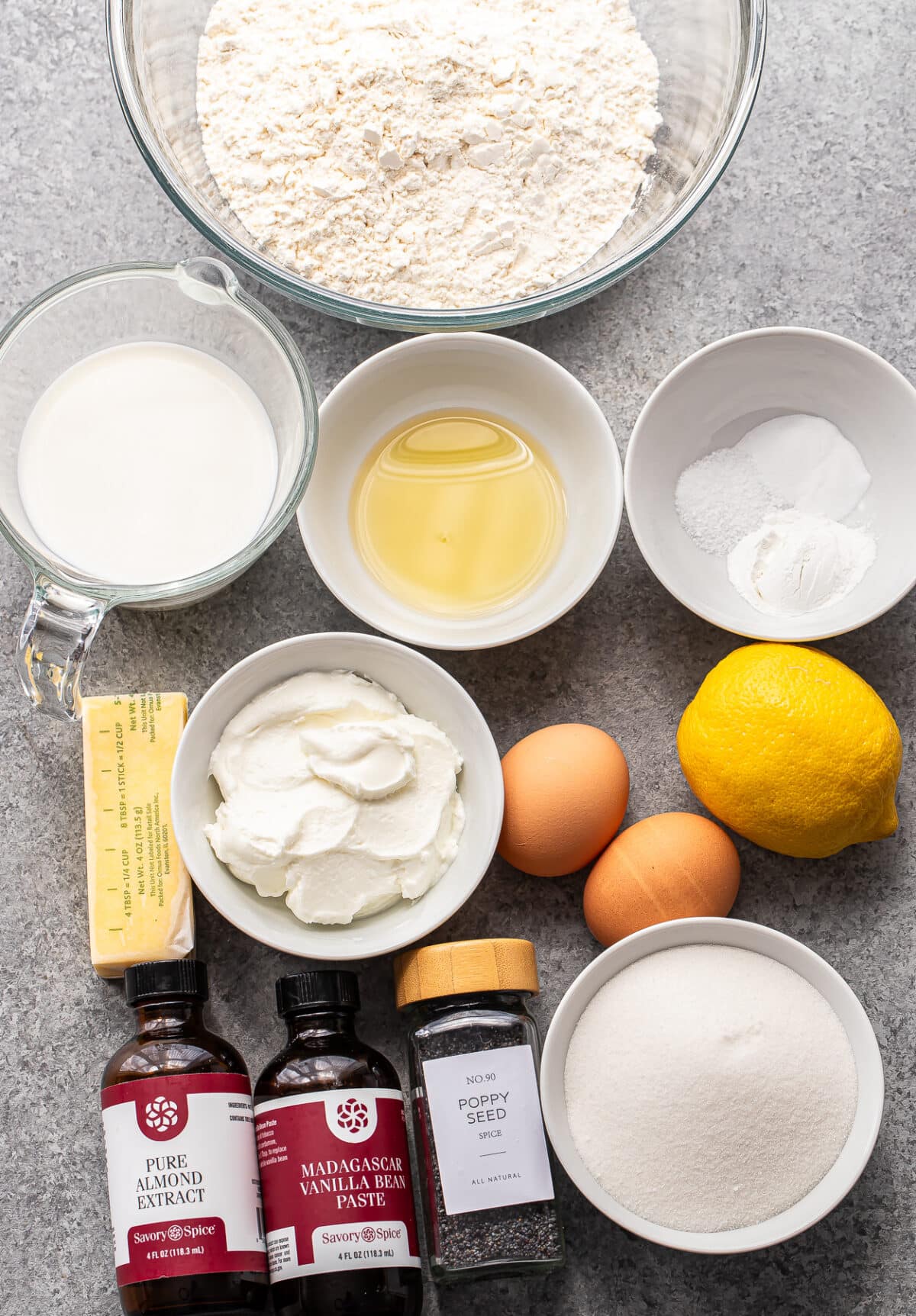 Ingredients used to make lemon poppy seed muffins.