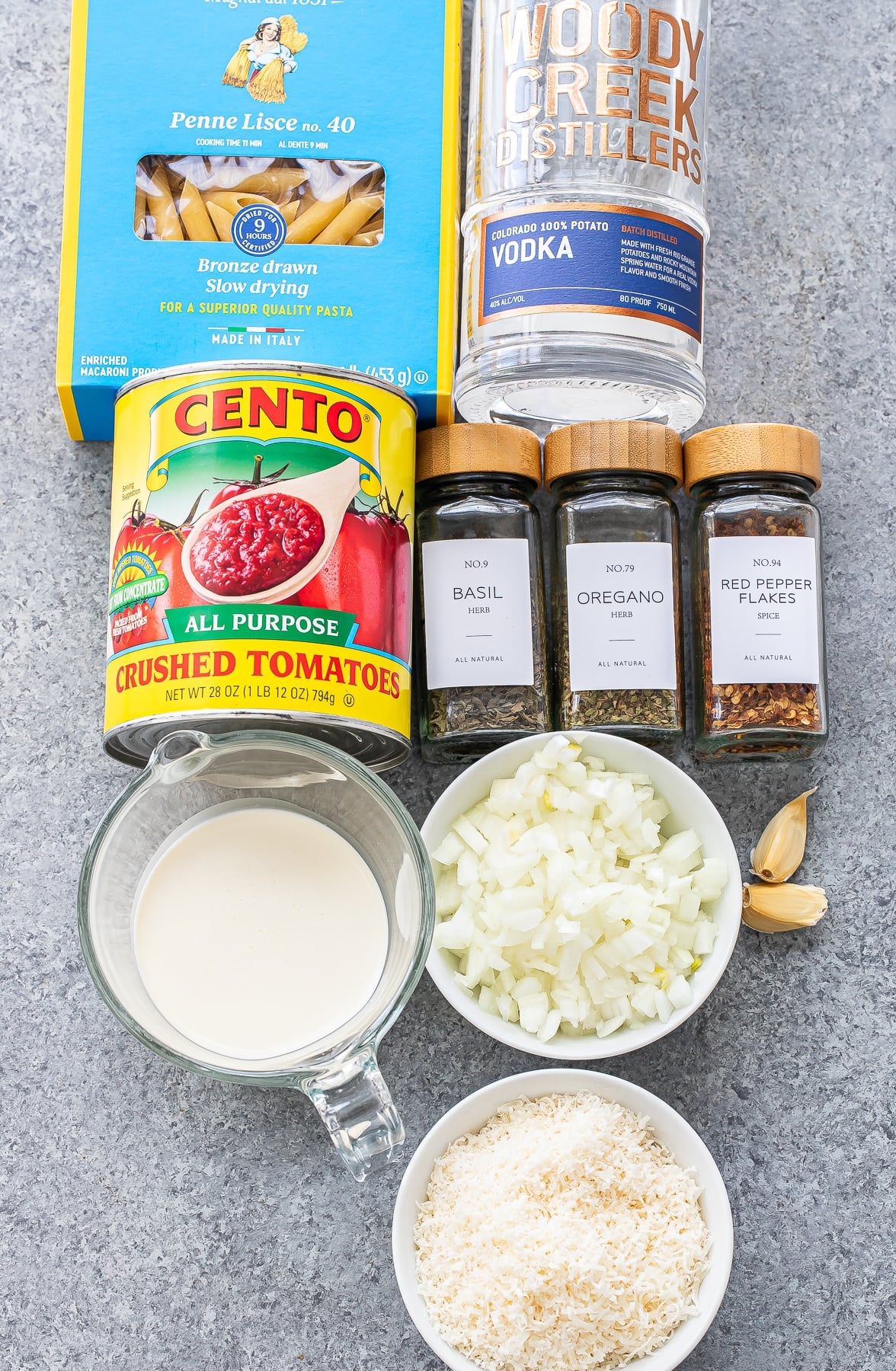 Ingredients used to make penne alla vodka.