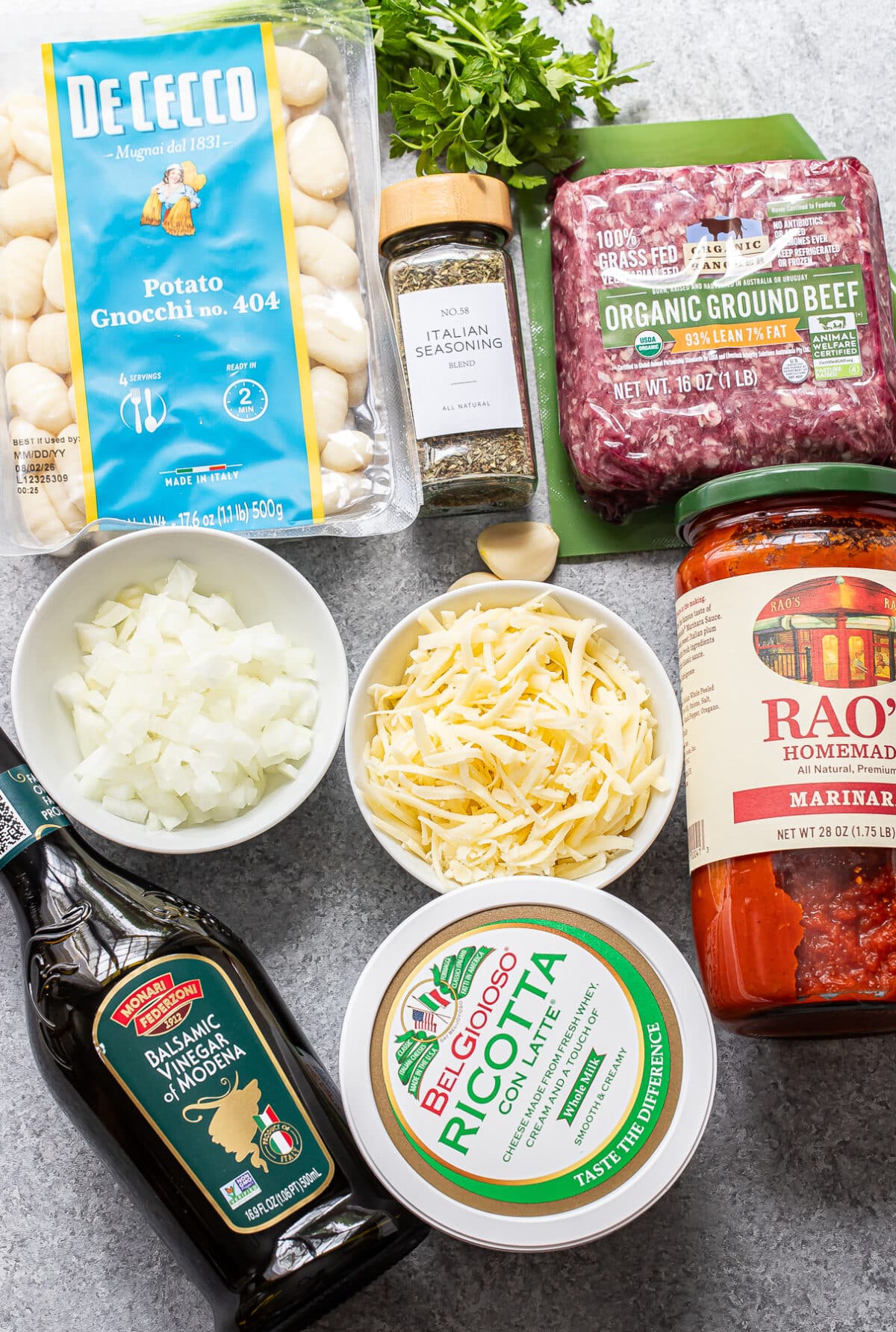 Ingredients used to make ground beef gnocchi.