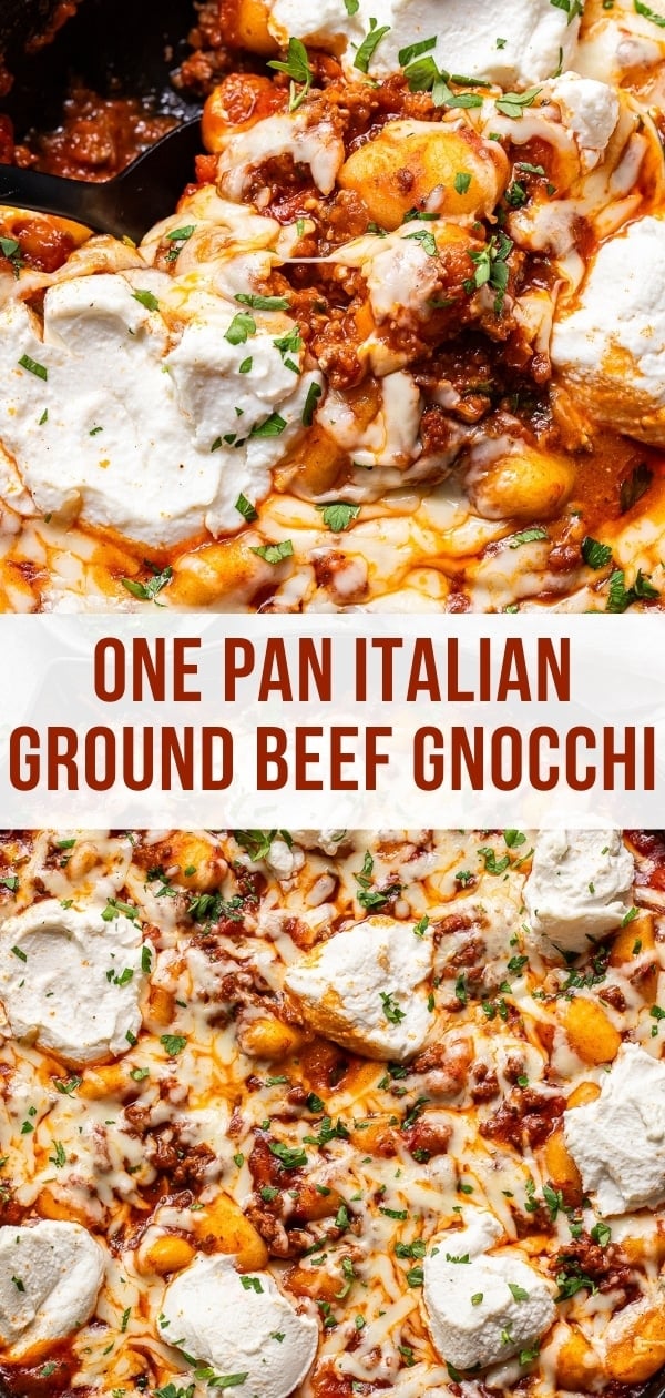 Italian ground beef gnocchi Pinterest collage.