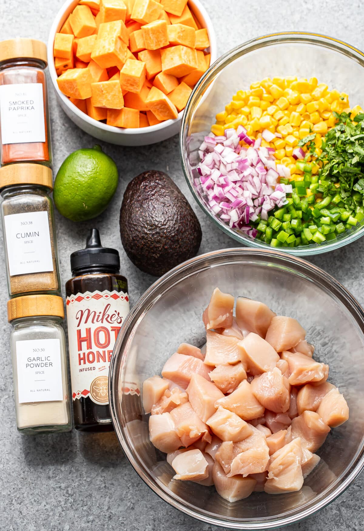 Ingredients for hot honey chicken bowls