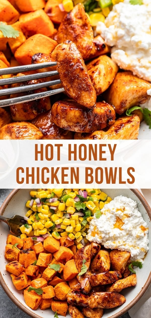 Hot honey chicken bowls Pinterest collage.