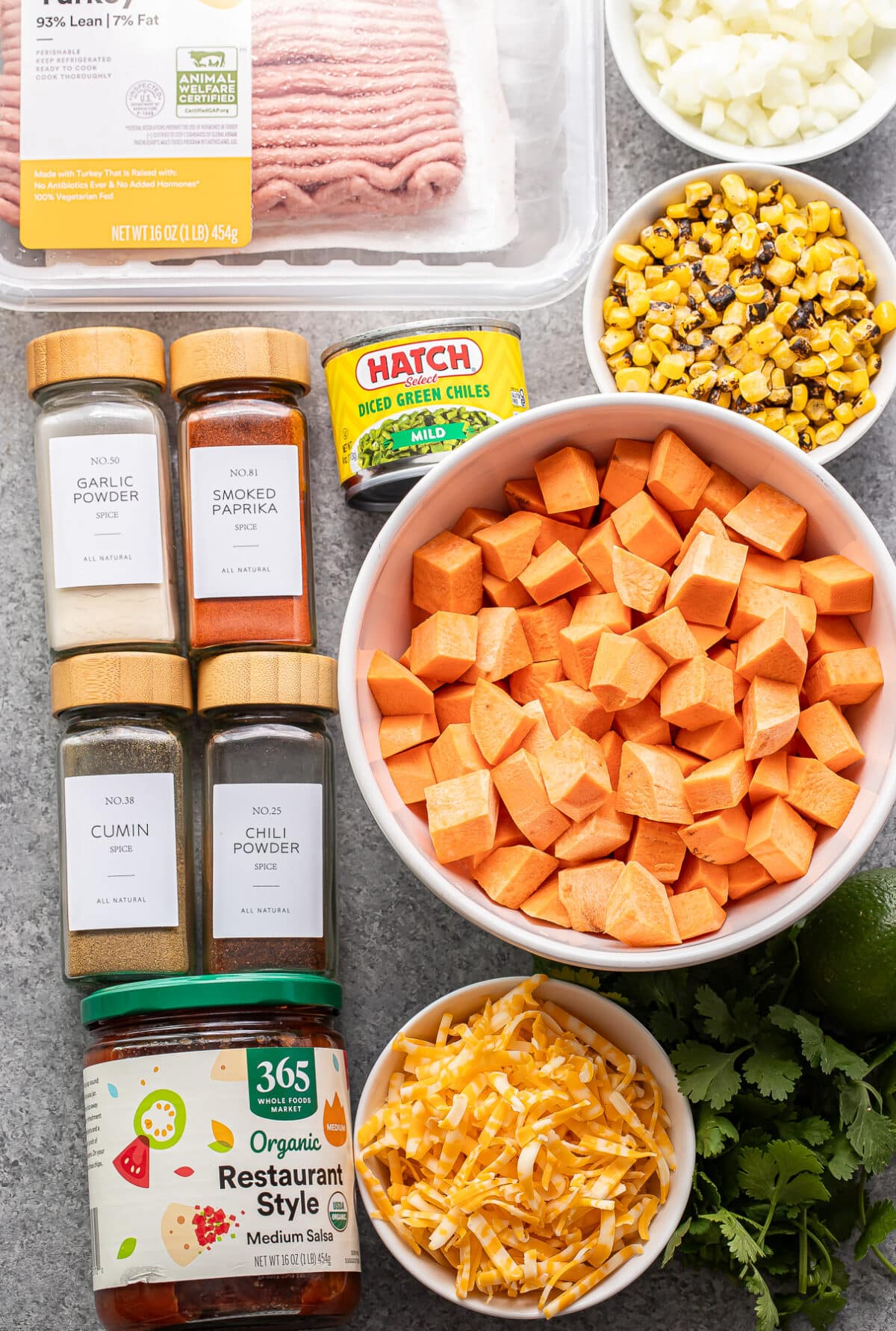 Ingredients used to make ground turkey sweet potato skillet.