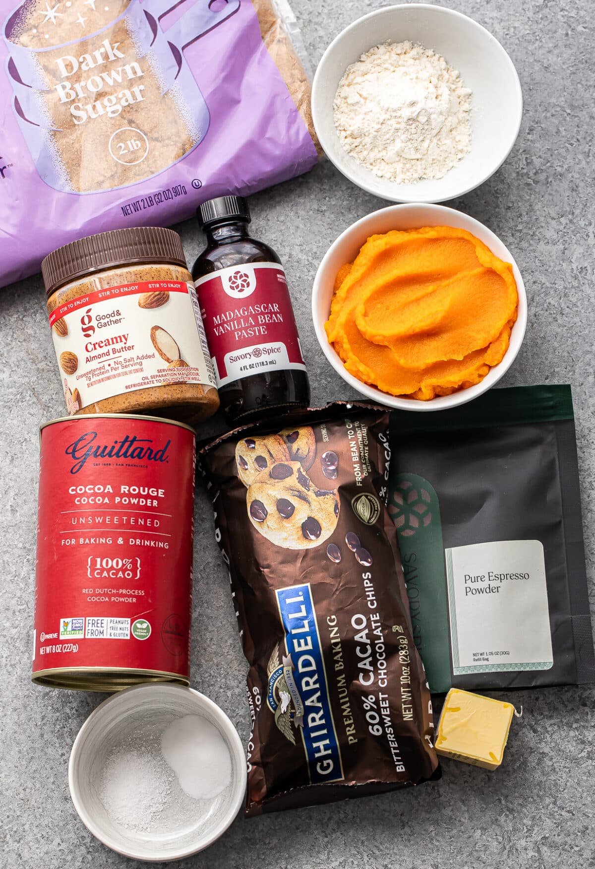Ingredients used to make sweet potato brownies.