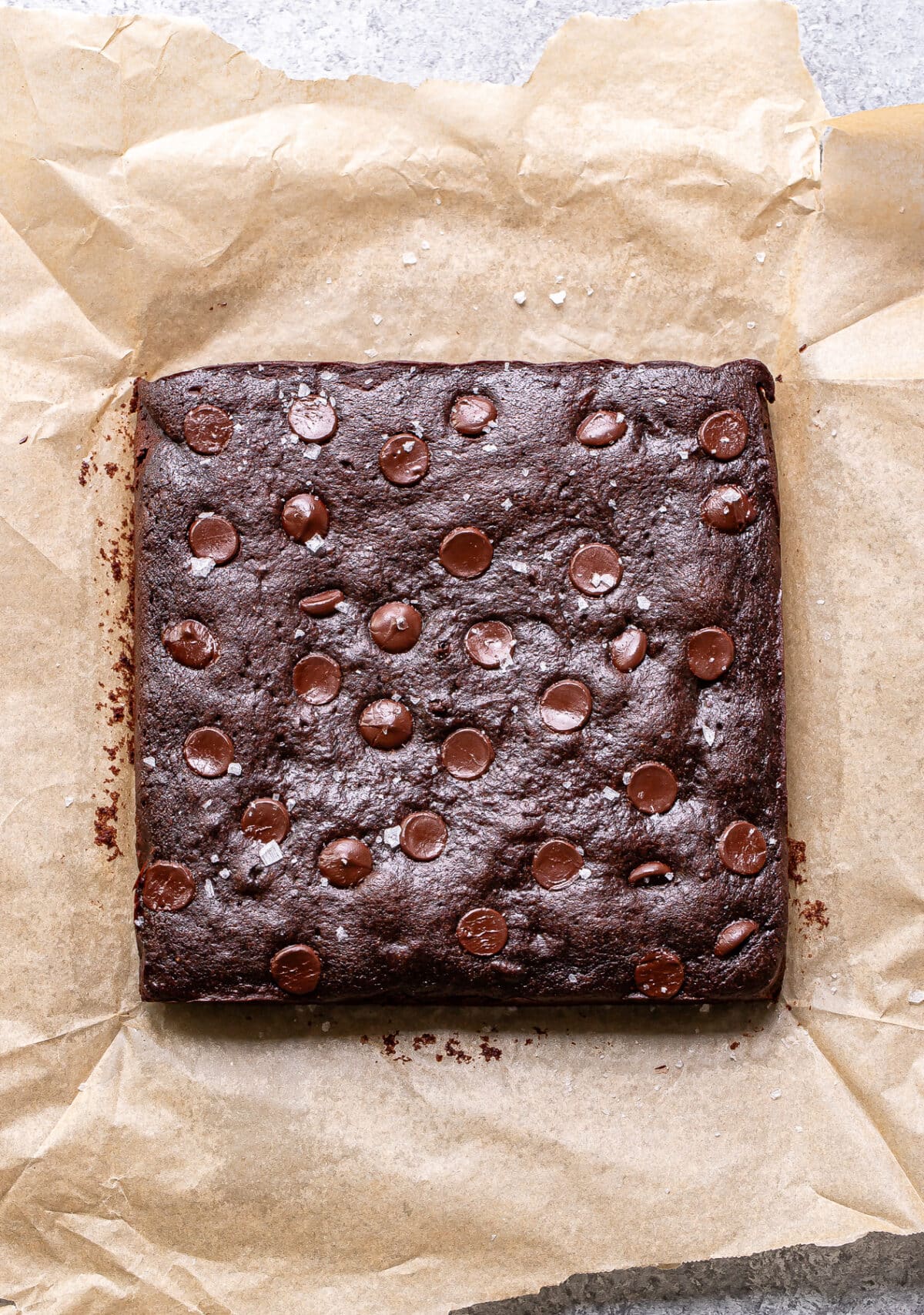 Sweet potato brownies on parchment paper before they've been cut.