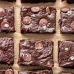 Sweet potato brownies topped with flaky sea salt cut into squares.