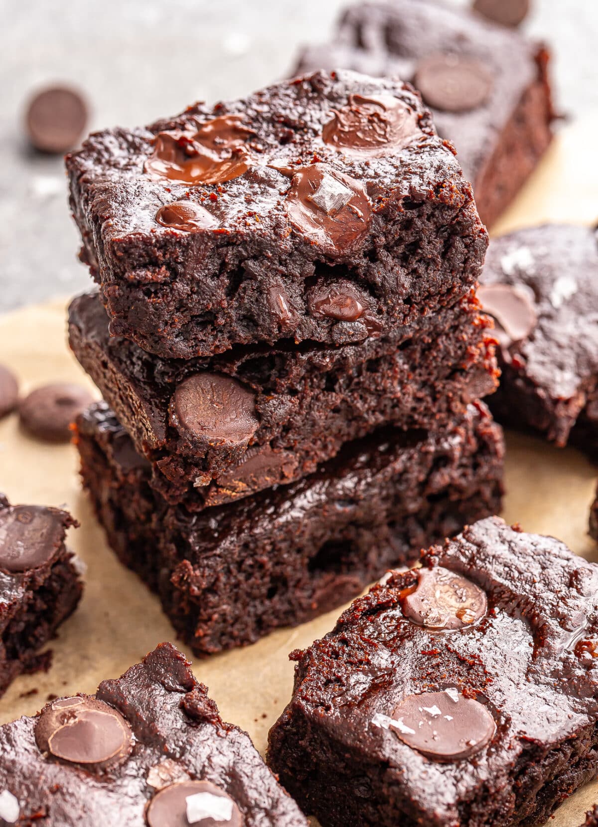 A stack of three sweet potato brownies. 