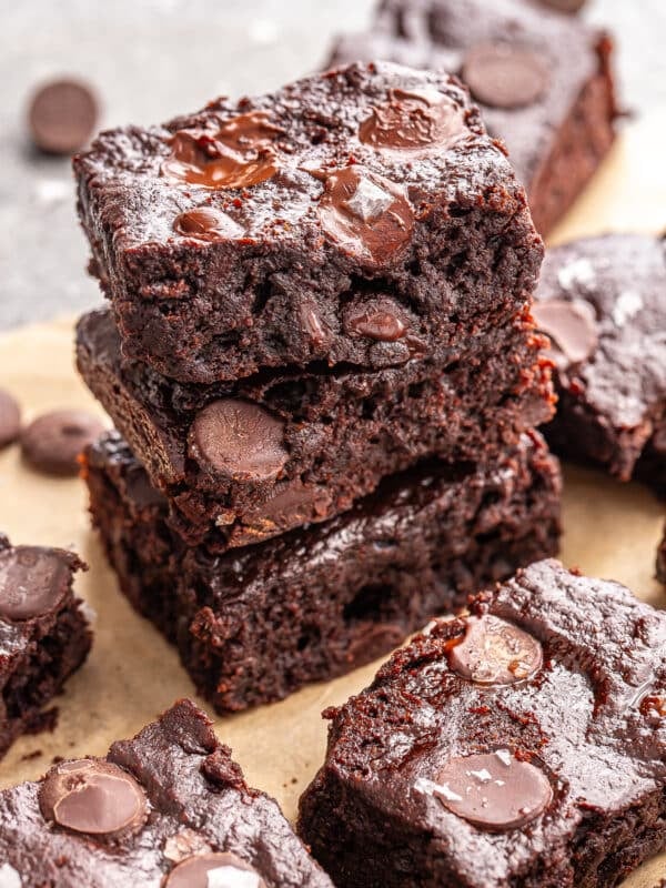 A stack of three sweet potato brownies.