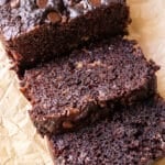 Double chocolate banana bread with 2 slices cut from the loaf.