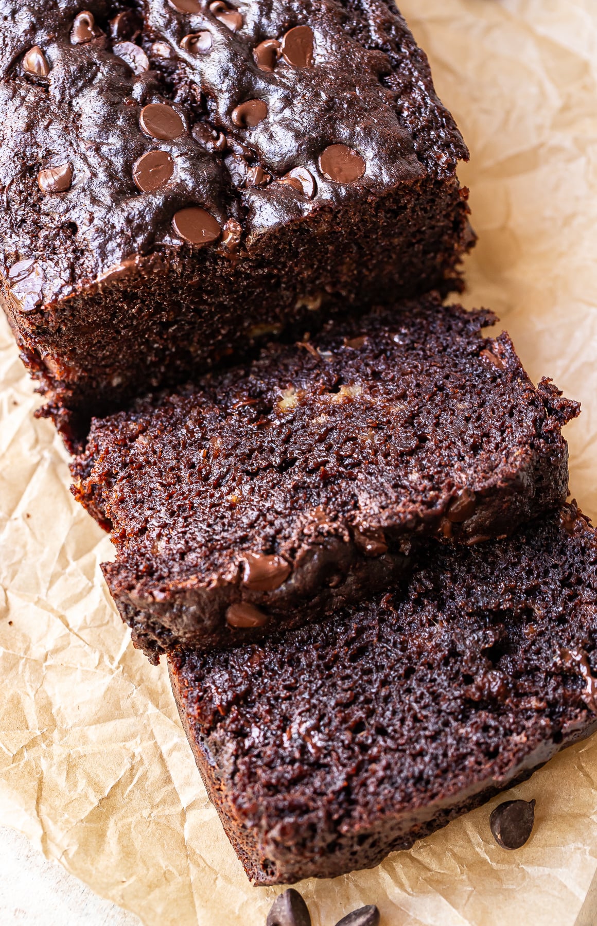 Double chocolate banana bread with 2 slices cut from the loaf.
