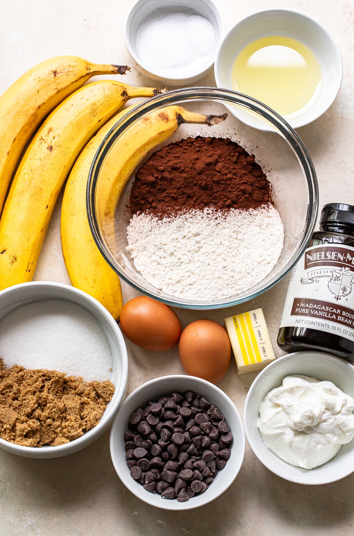 Ingredients used to make double chocolate banana bread.