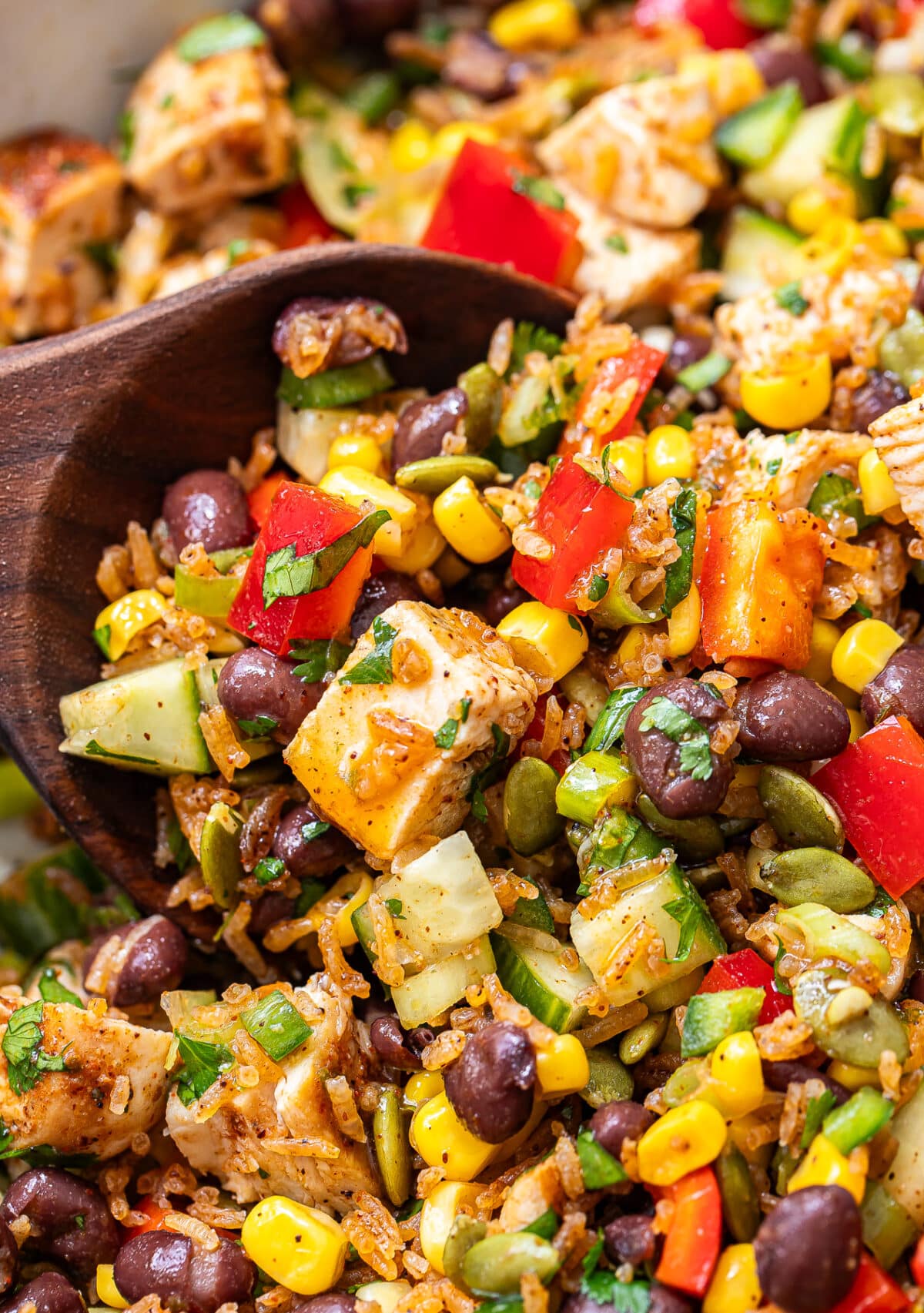 Wooden serving spoon scooping up crispy rice salad.