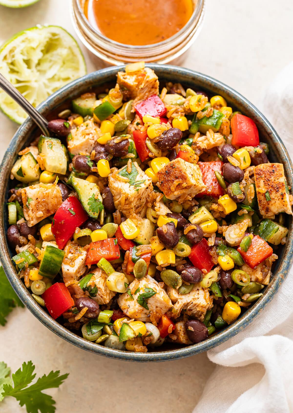 Southwest crispy rice salad in a bowl with a fork.