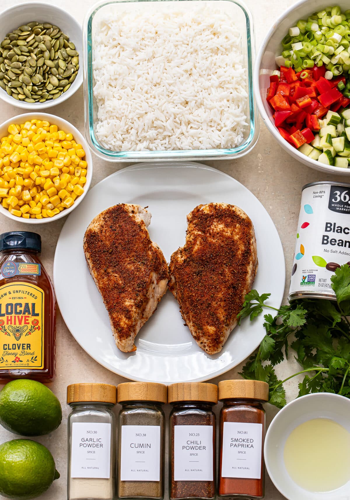 Ingredients used to make southwest crispy rice salad.