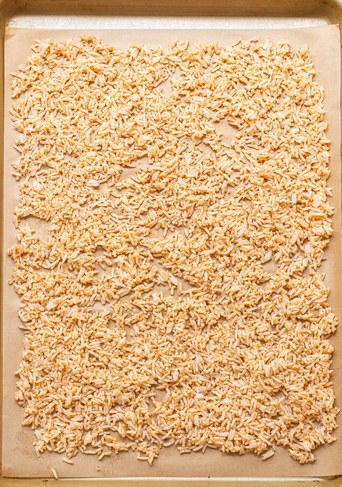 Cooked rice spread out on a baking sheet lined with parchment paper.