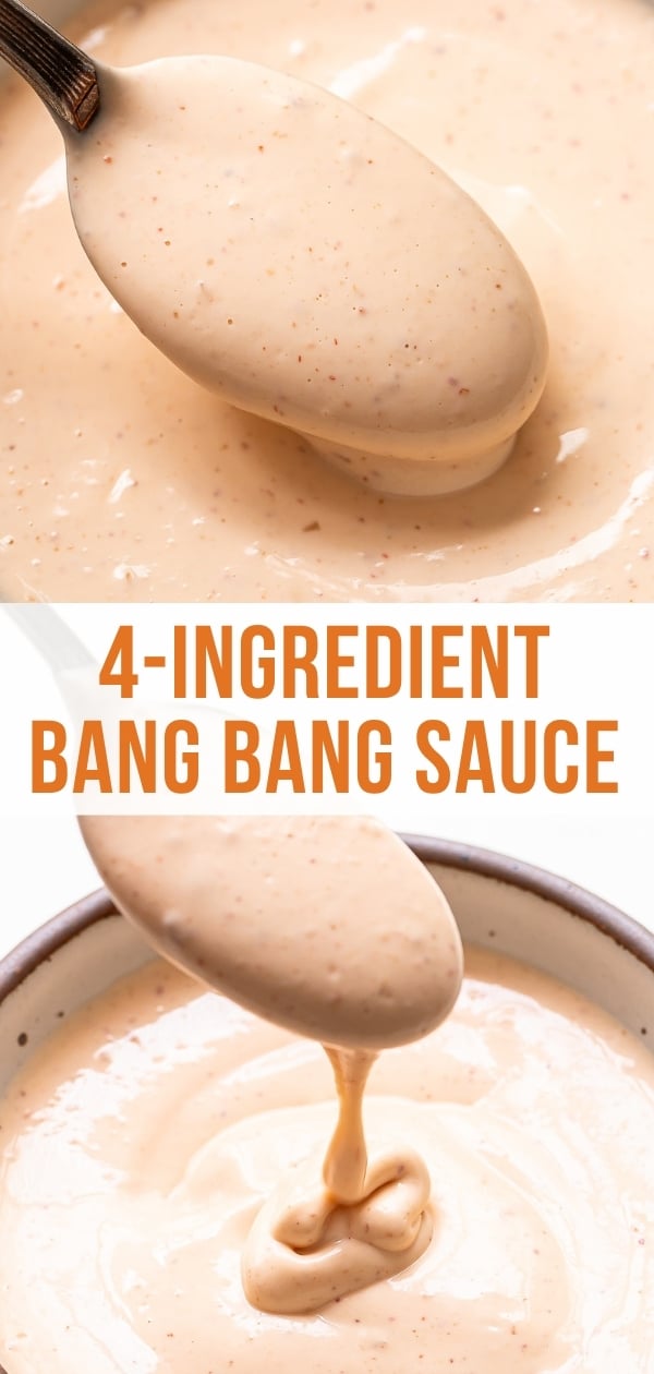 A spoonful of creamy orange Bang Bang Sauce, with text reading 4-Ingredient Bang Bang Sauce. Below, the vibrant sauce drips from a spoon into a bowl filled with rich, tangy Bang Bang Sauce.