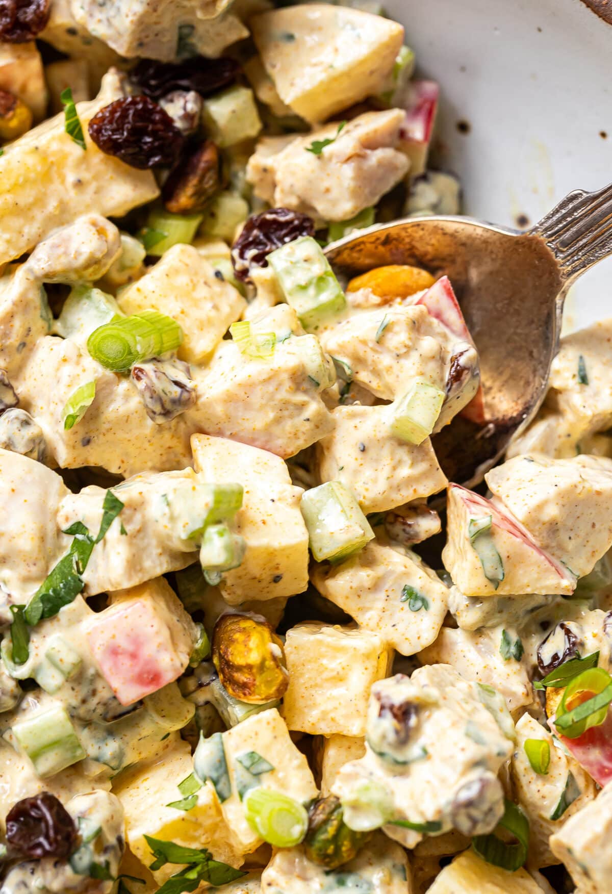 Close-up of a Curry Chicken Salad with diced chicken, apples, celery, raisins, green onions, cilantro, and a creamy dressing, with a spoon in the bowl.