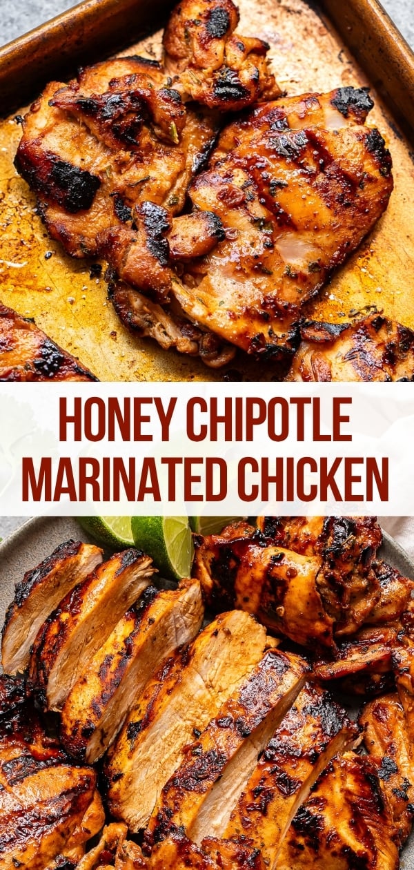 Grilled Honey Chipotle Chicken thighs on a baking sheet and sliced pieces on a platter, showcasing a caramelized, charred exterior. Lime wedges are visible beside the sliced chicken.